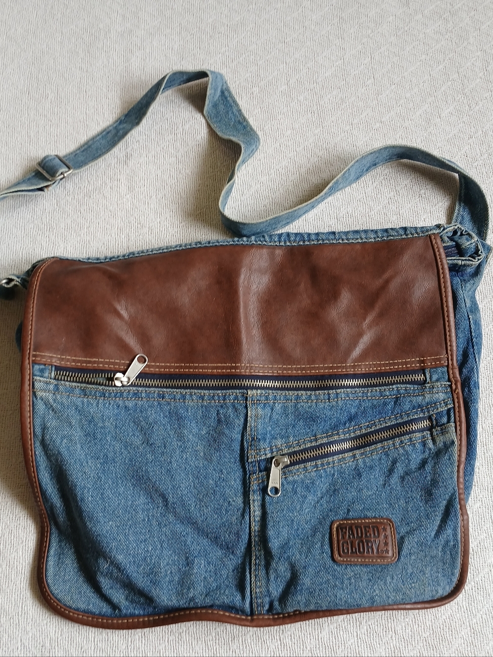 faded glory vintage y2k denim messenger bag genuine leather suede grunge skater